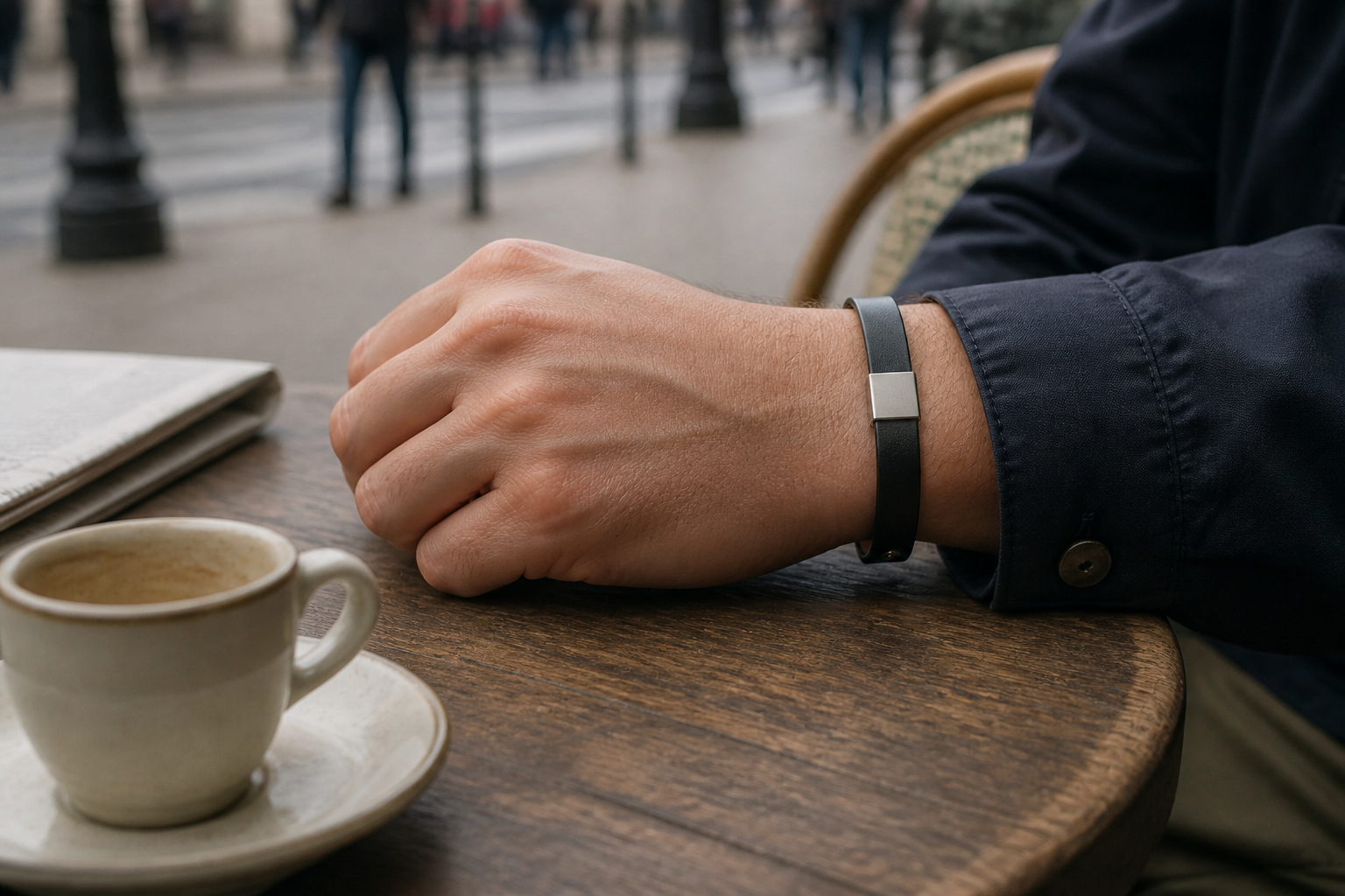 Main posée sur une table de café parisien, bracelet NORVAL en cuir noir et plaque argent sous une manche