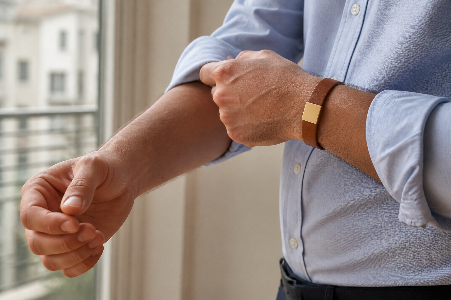 Homme en chemise bleue relevant sa manche, bracelet NORVAL en cuir cognac et plaque or au poignet