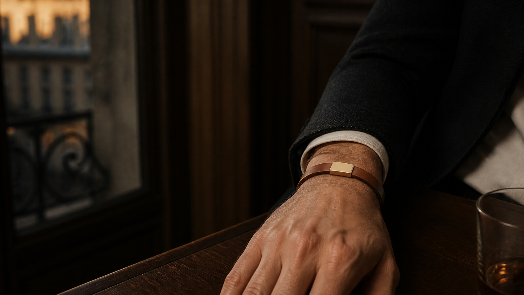 Bracelet NORVAL en cuir cognac porté au poignet, fin de journée à Paris