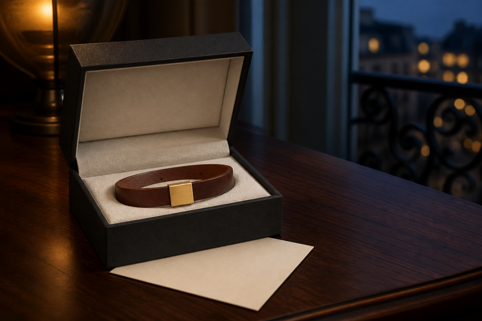 Écrin NORVAL avec le bracelet en cuir cognac et plaque finition or, prêt à offrir