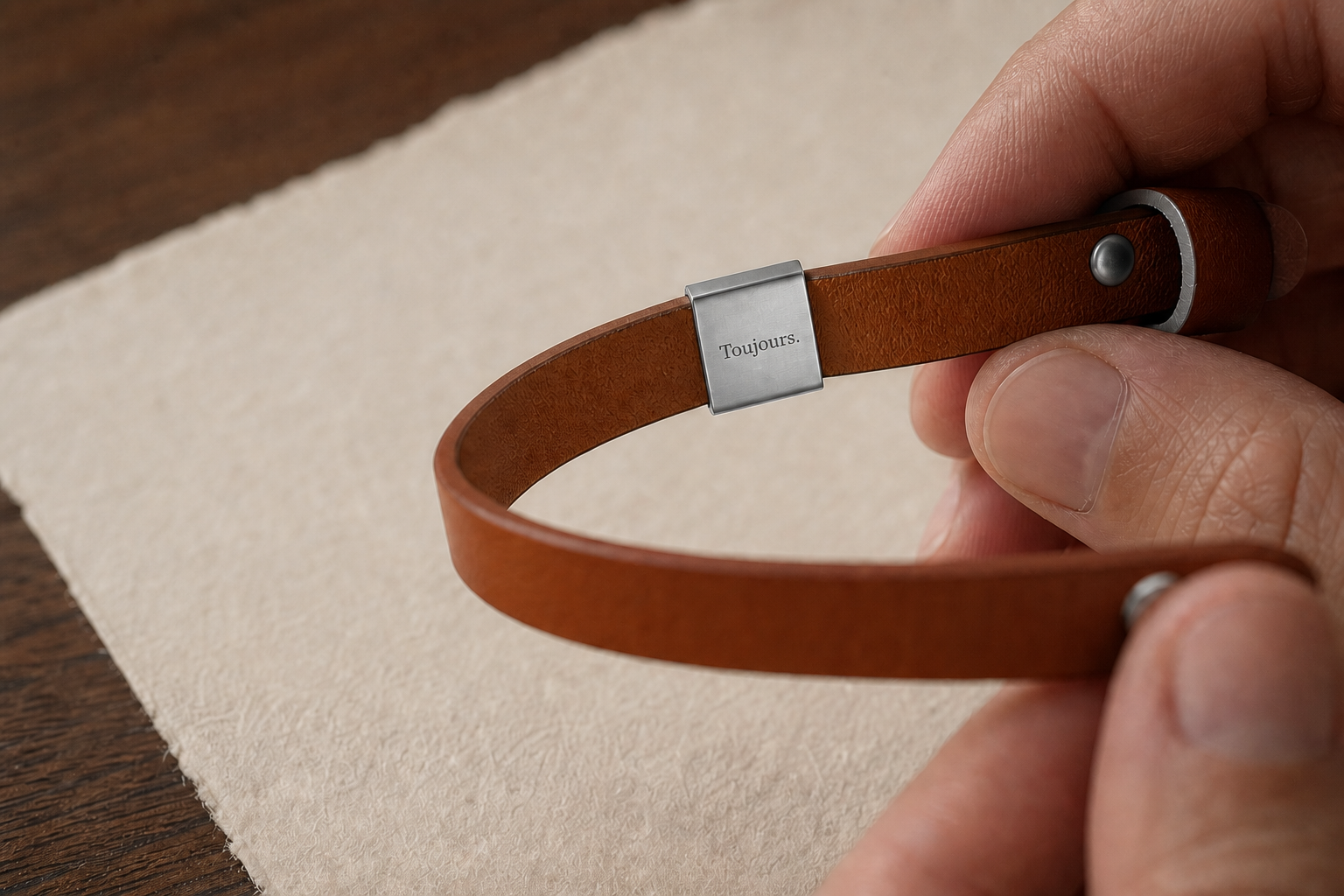 Gravure « Toujours. » au verso de la plaque finition argent, bracelet en matière végane cognac tenu en main