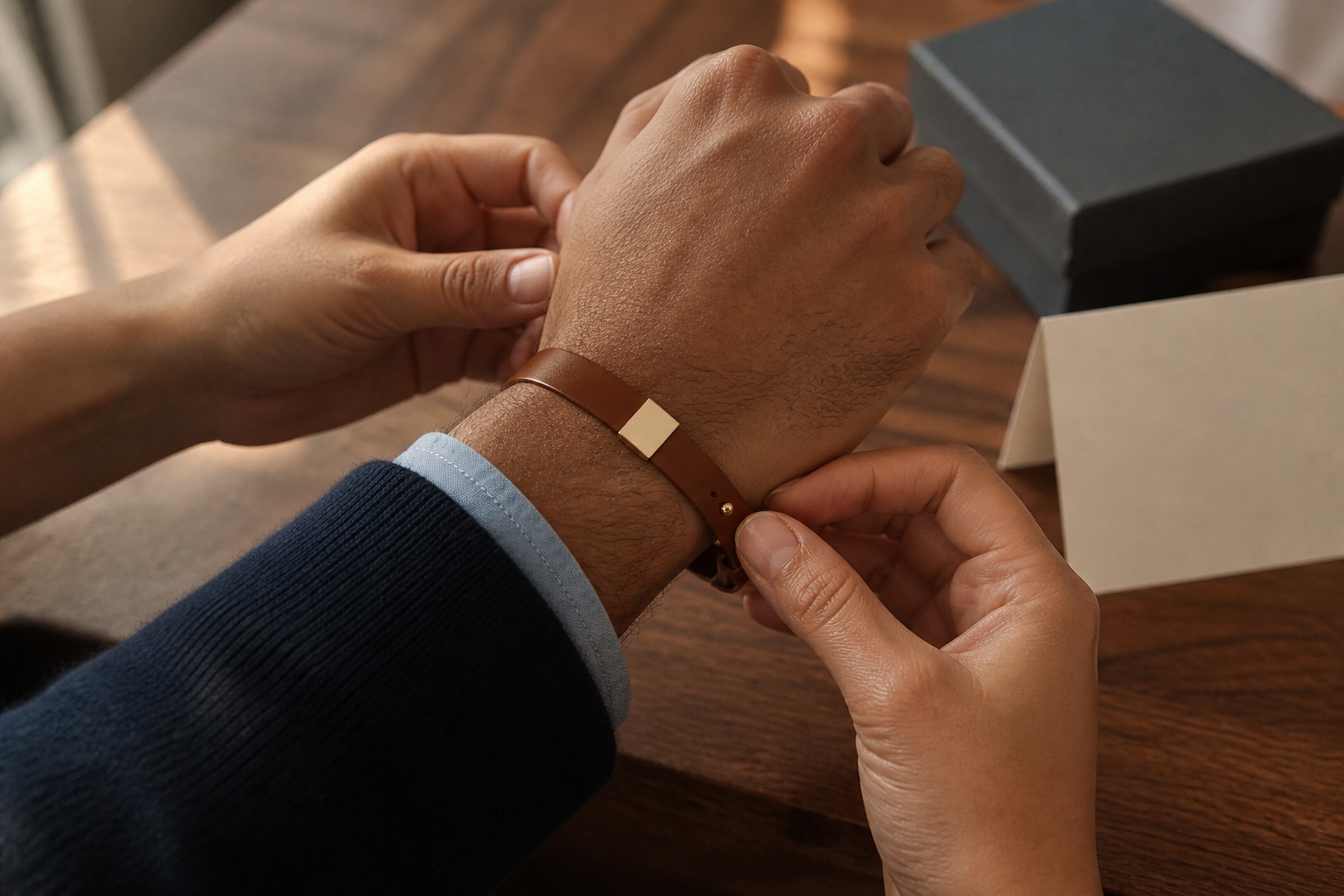 Deux mains attachant un bracelet NORVAL en cuir cognac à plaque or, à côté de son coffret et d'une carte message
