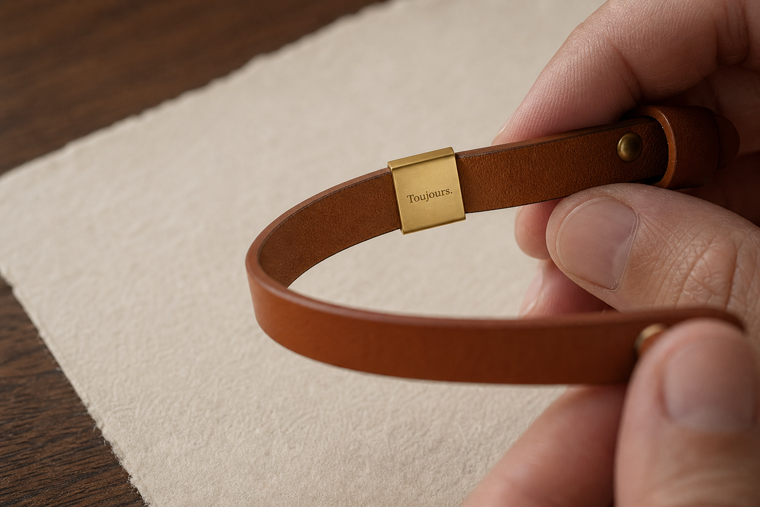 Gravure « Toujours. » au verso de la plaque laiton d'un bracelet NORVAL