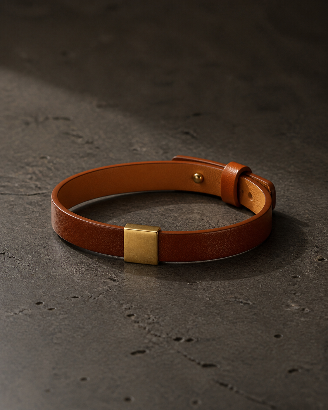 Le Bracelet NORVAL, cuir cognac et plaque finition or, posé sur pierre sombre